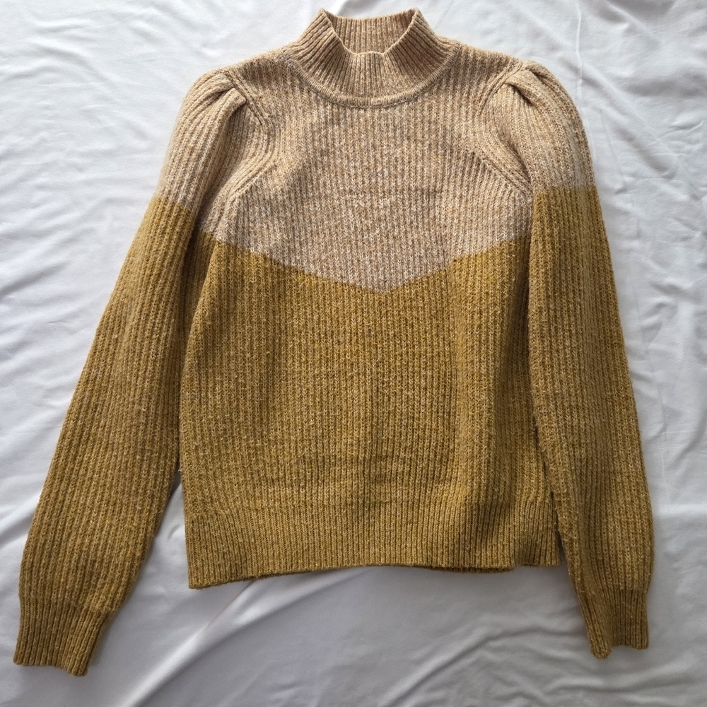 Vero Moda Color Block Puff Sleeve Mock Neck Sweater Yellow Tan Medium